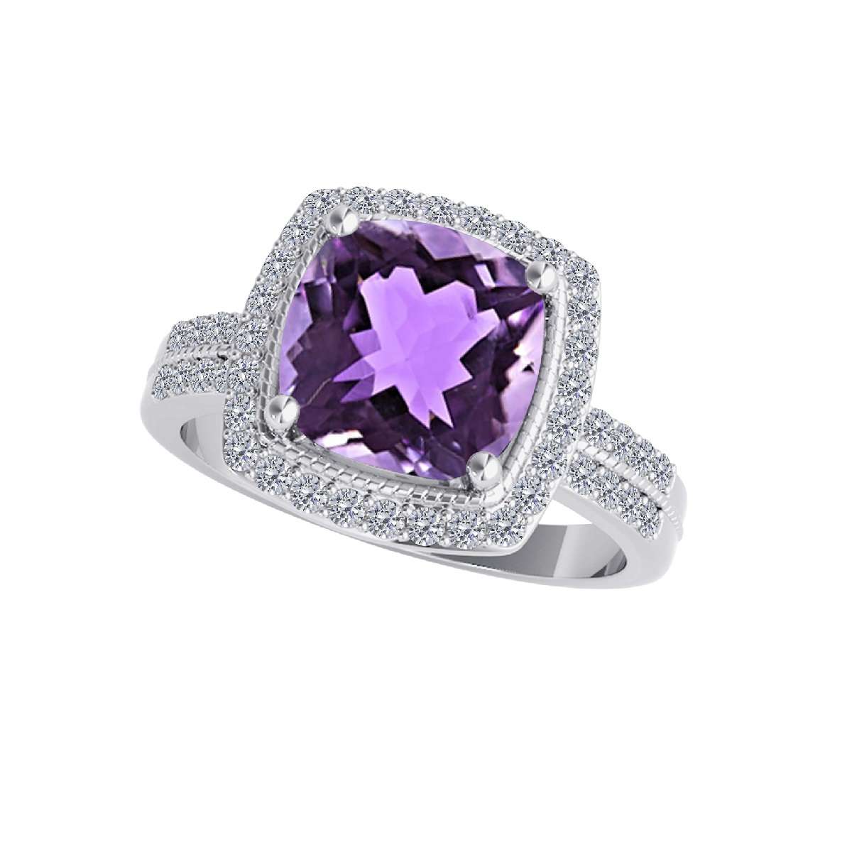 14K Rose White & Yellow Gold 2.60 Carat Cushion Cut Amethyst And White Diamond Ring For Women