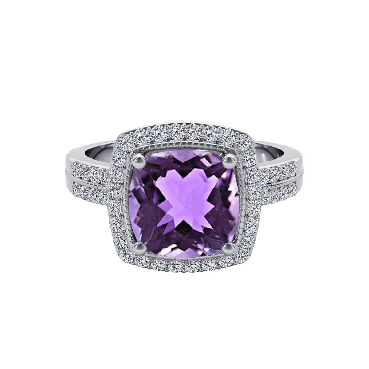 14K Rose White & Yellow Gold 2.60 Carat Cushion Cut Amethyst And White Diamond Ring For Women