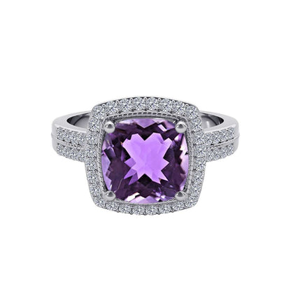 14K Rose White & Yellow Gold 2.60 Carat Cushion Cut Amethyst And White Diamond Ring For Women