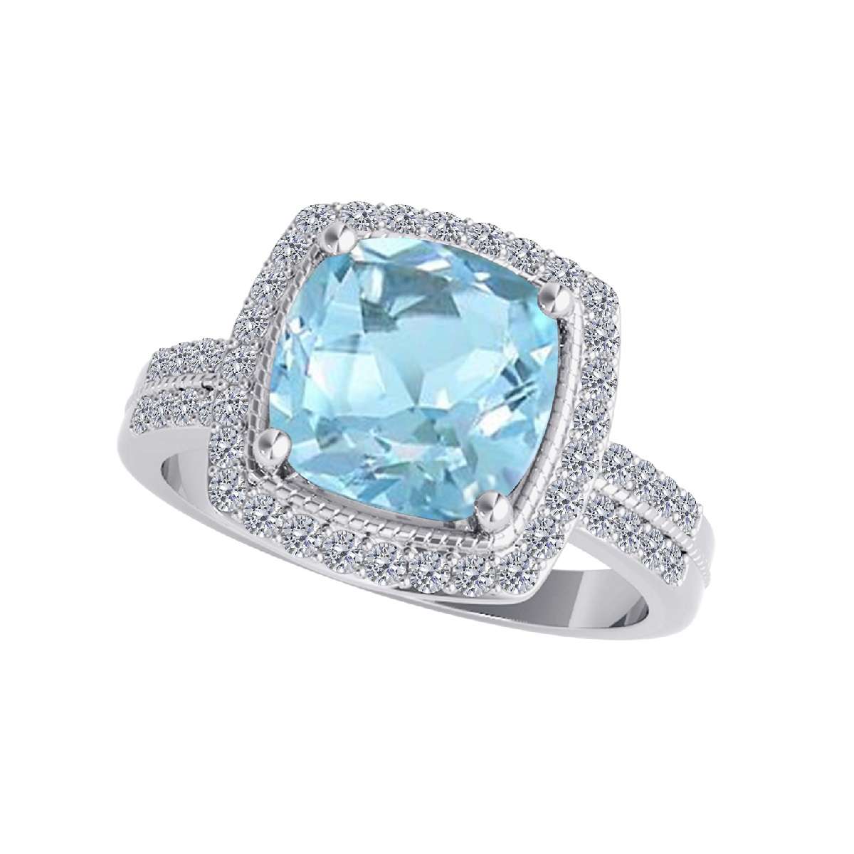 2.60 Carat Cushion Aquamarine And White Diamond Gemstone Rings For Women In 14K Rose White & Yellow Gold