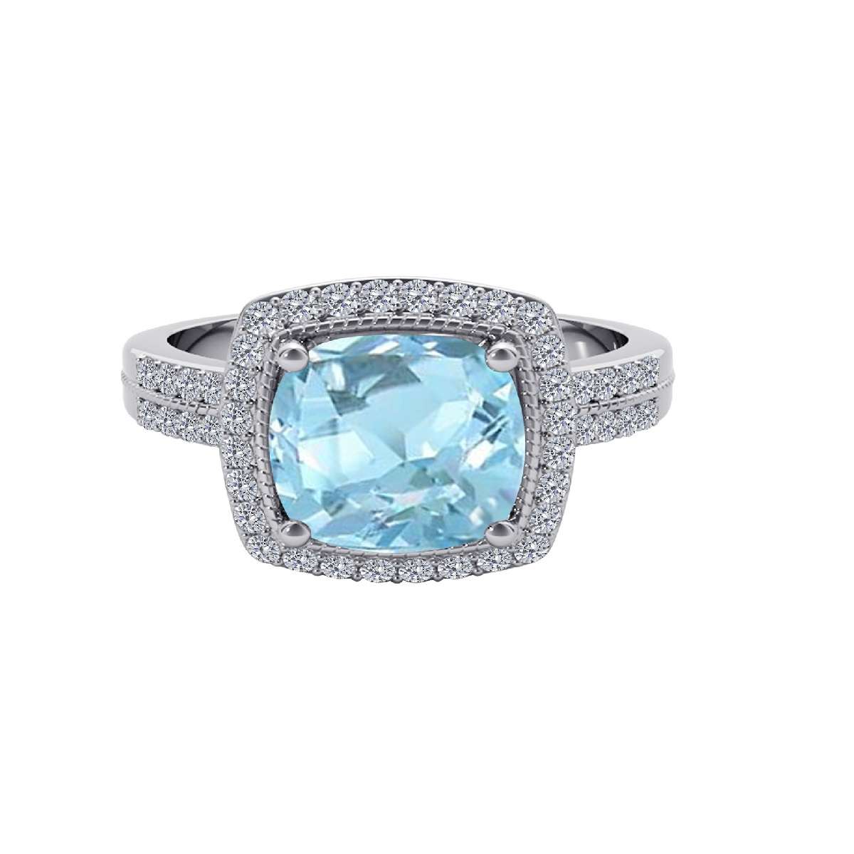 2.60 Carat Cushion Aquamarine And White Diamond Gemstone Rings For Women In 14K Rose White & Yellow Gold