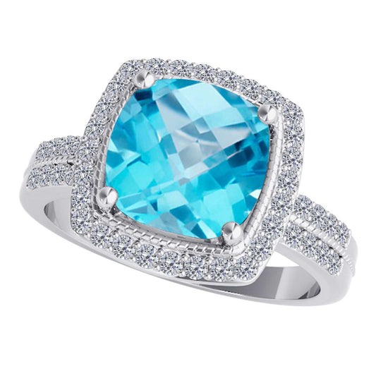 2.60 Ct Diamond and Cushion Cut Blue Topaz Gemstone Rings For Women In 14K Rose White Yellow Gold