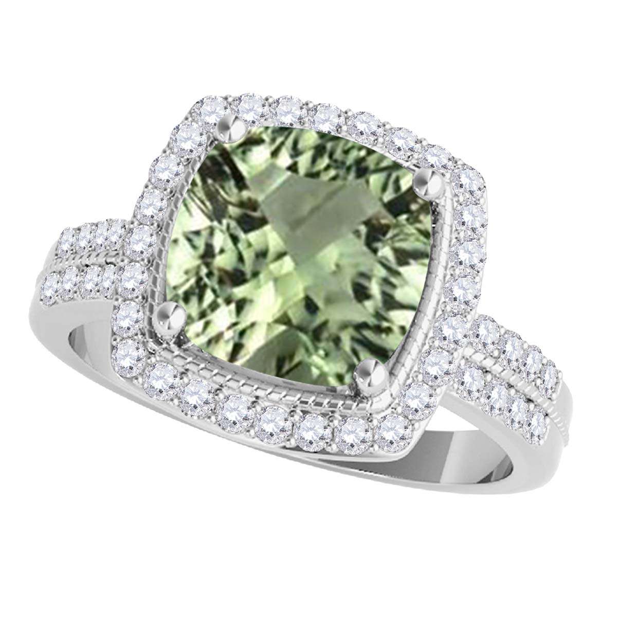 2.60 Carat Cushion Cut Green Amethyst And Natural Diamond Gemstone Rings For Women in 14K Rose White Yellow Gold