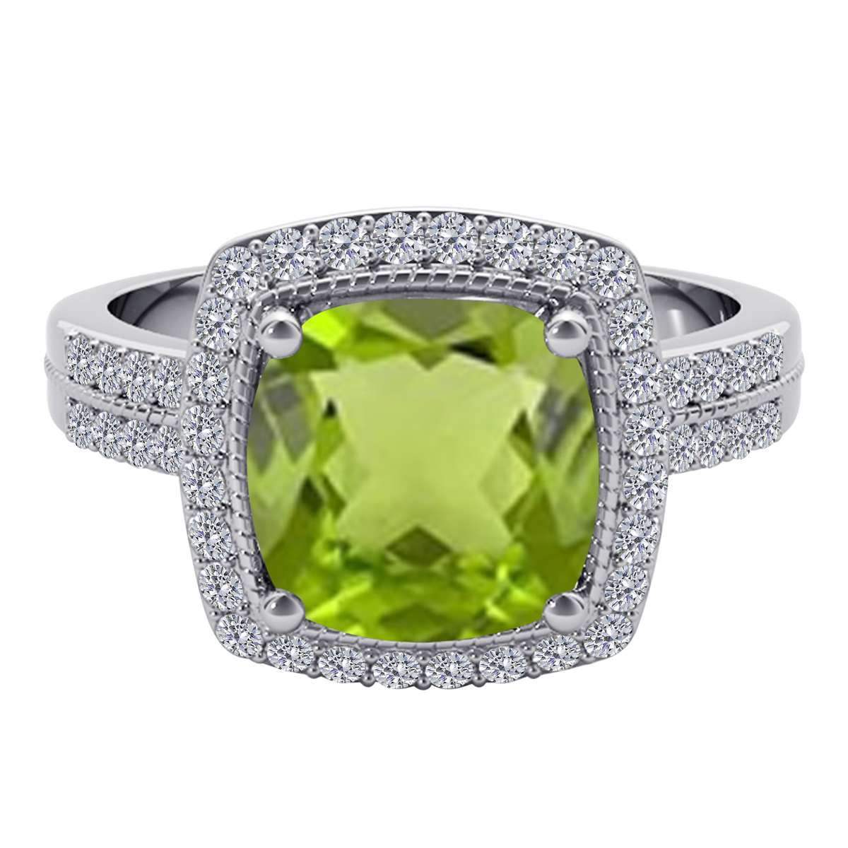 2.60 Carat Cushion Cut Peridot And Round White Diamond Gemstone Rings for Women In 14K Rose White & Yellow Gold