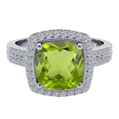 2.60 Carat Cushion Cut Peridot And Round White Diamond Gemstone Rings for Women In 14K Rose White & Yellow Gold