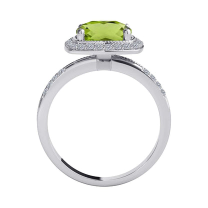 2.60 Carat Cushion Cut Peridot And Round White Diamond Gemstone Rings for Women In 14K Rose White & Yellow Gold