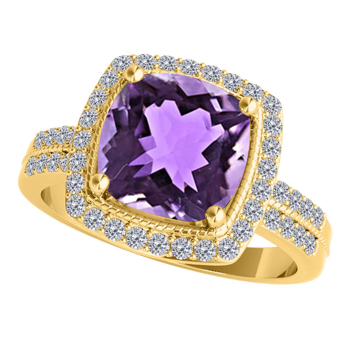 14K Rose White & Yellow Gold 2.60 Carat Cushion Cut Amethyst And White Diamond Ring For Women