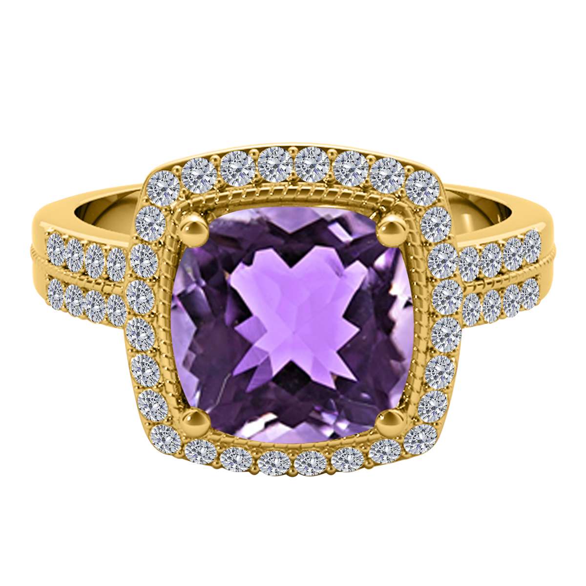 14K Rose White & Yellow Gold 2.60 Carat Cushion Cut Amethyst And White Diamond Ring For Women