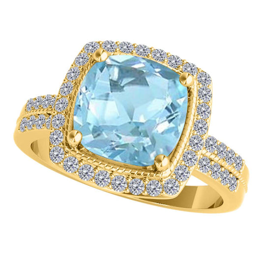 2.60 Carat Cushion Aquamarine And White Diamond Gemstone Rings For Women In 14K Rose White & Yellow Gold