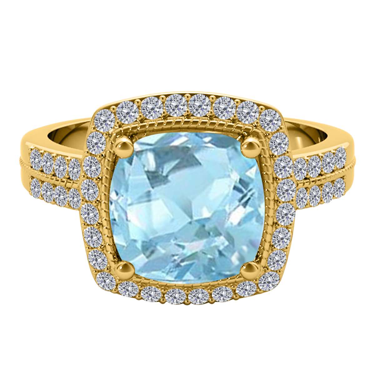 2.60 Carat Cushion Aquamarine And White Diamond Gemstone Rings For Women In 14K Rose White & Yellow Gold