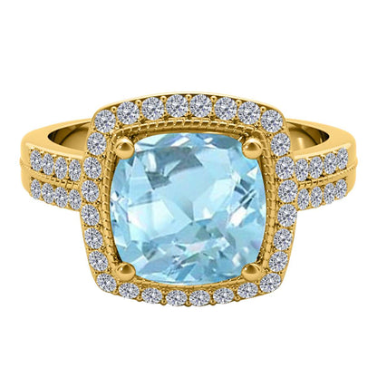 2.60 Carat Cushion Aquamarine And White Diamond Gemstone Rings For Women In 14K Rose White & Yellow Gold