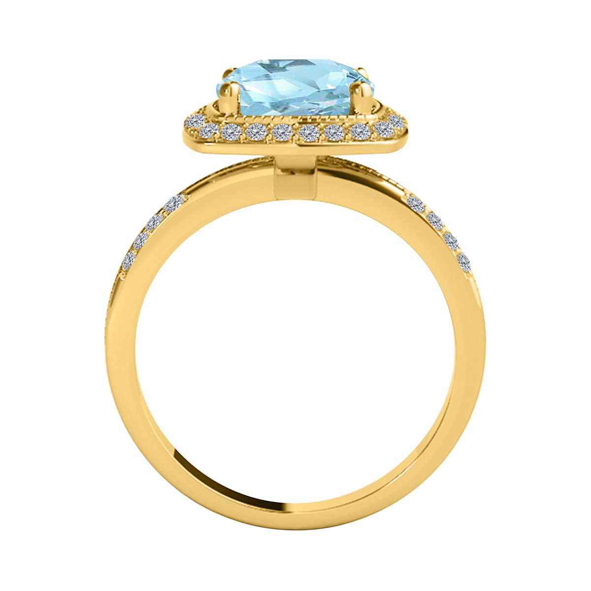 2.60 Carat Cushion Aquamarine And White Diamond Gemstone Rings For Women In 14K Rose White & Yellow Gold