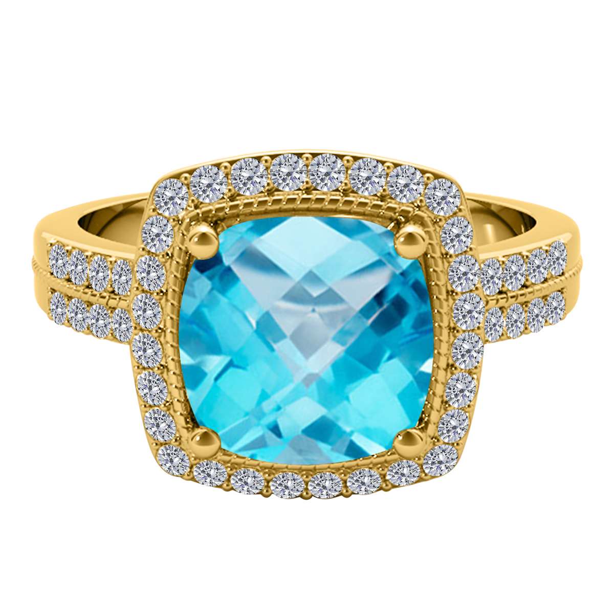 2.60 Ct Diamond and Cushion Cut Blue Topaz Gemstone Rings For Women In 14K Rose White Yellow Gold