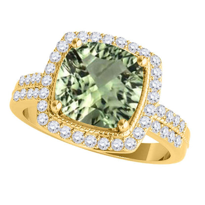 2.60 Carat Cushion Cut Green Amethyst And Natural Diamond Gemstone Rings For Women in 14K Rose White Yellow Gold