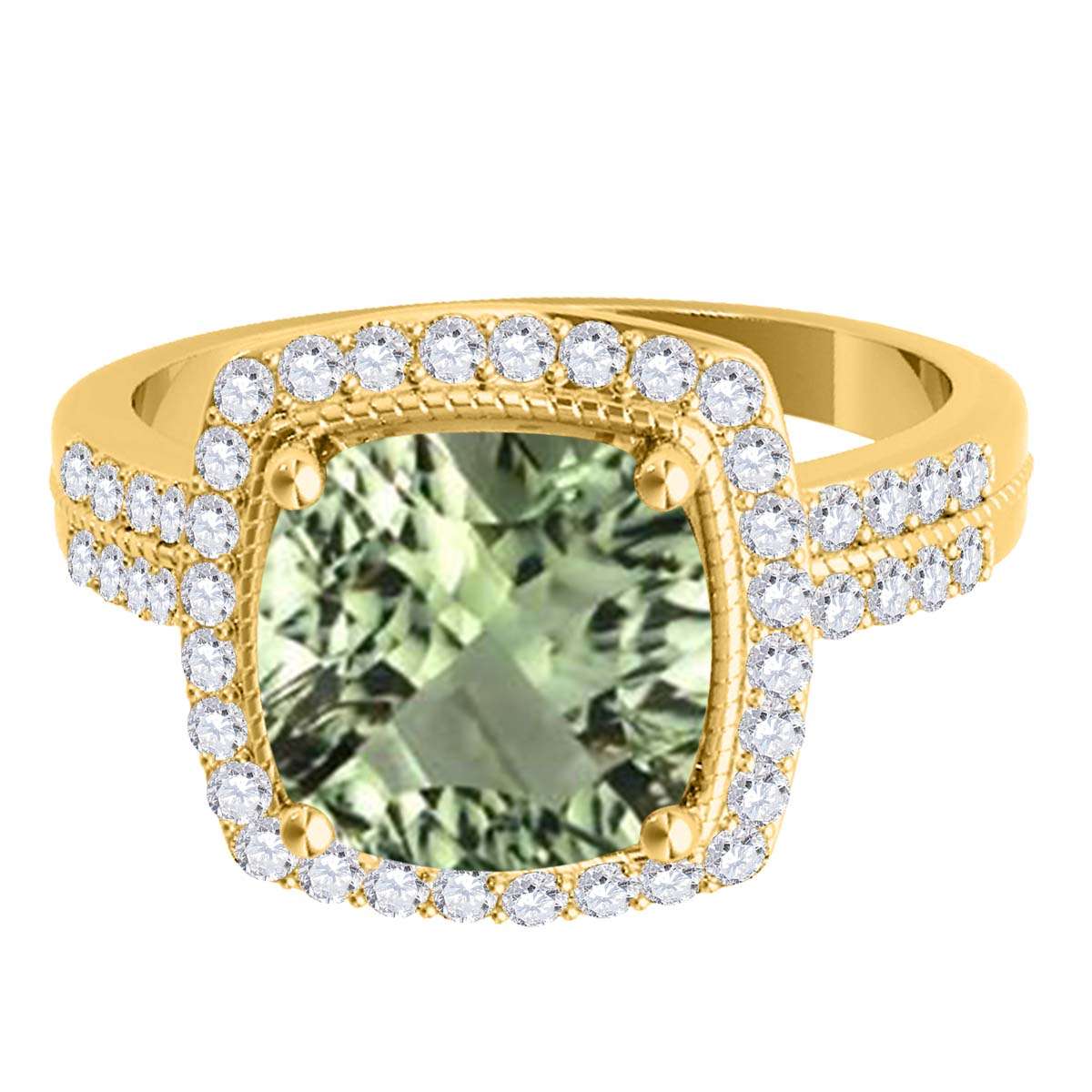 2.60 Carat Cushion Cut Green Amethyst And Natural Diamond Gemstone Rings For Women in 14K Rose White Yellow Gold