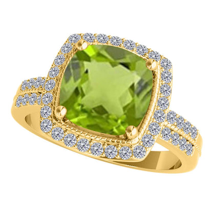 2.60 Carat Cushion Cut Peridot And Round White Diamond Gemstone Rings for Women In 14K Rose White & Yellow Gold