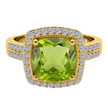 2.60 Carat Cushion Cut Peridot And Round White Diamond Gemstone Rings for Women In 14K Rose White & Yellow Gold