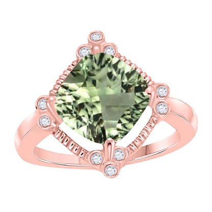 2.85 Carat Natural Diamond And Cushion Cut Green Amethyst Gemstone Ring For Women in 10K Rose White & Yellow Gold