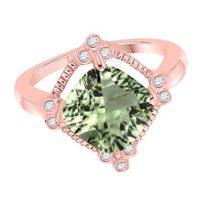 2.85 Carat Natural Diamond And Cushion Cut Green Amethyst Gemstone Ring For Women in 10K Rose White & Yellow Gold