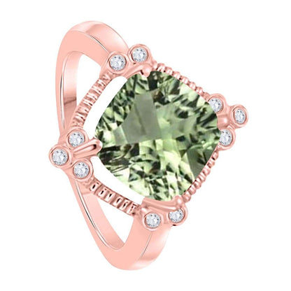 2.85 Carat Natural Diamond And Cushion Cut Green Amethyst Gemstone Ring For Women in 10K Rose White & Yellow Gold