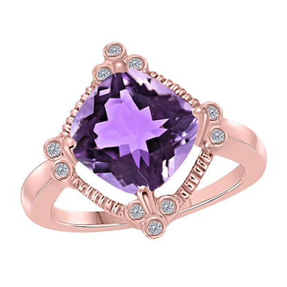 MAULIJEWELS 2.85 Carat Diamond and Cushion Cut Amethyst Gemstone Rings For Women In 10K Rose White & Yellow Gold