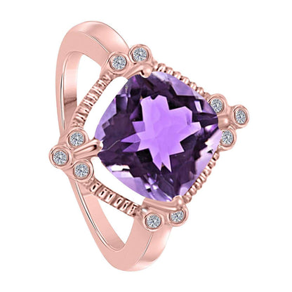 MAULIJEWELS 2.85 Carat Diamond and Cushion Cut Amethyst Gemstone Rings For Women In 10K Rose White & Yellow Gold