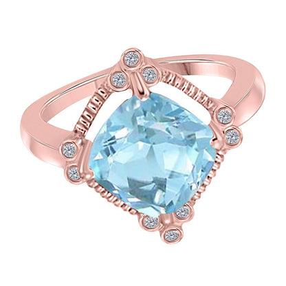 2.85 Carat Cushion Cut Aquamarine And Bezel Set White Diamond Gemstone Rings For Women in 10K Rose White & Yellow Gold