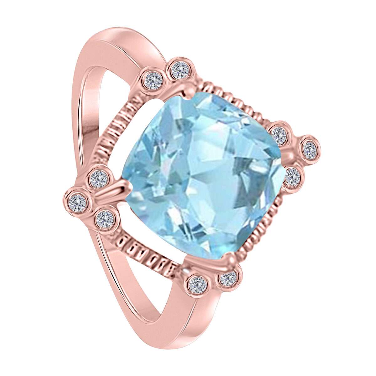 2.85 Carat Cushion Cut Aquamarine And Bezel Set White Diamond Gemstone Rings For Women in 10K Rose White & Yellow Gold