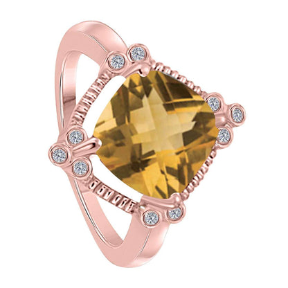 2.85 Carat Cushion Cut Citrine And White Diamond Gemstone Ring For Women In 10K Yellow / White & Rose Gold