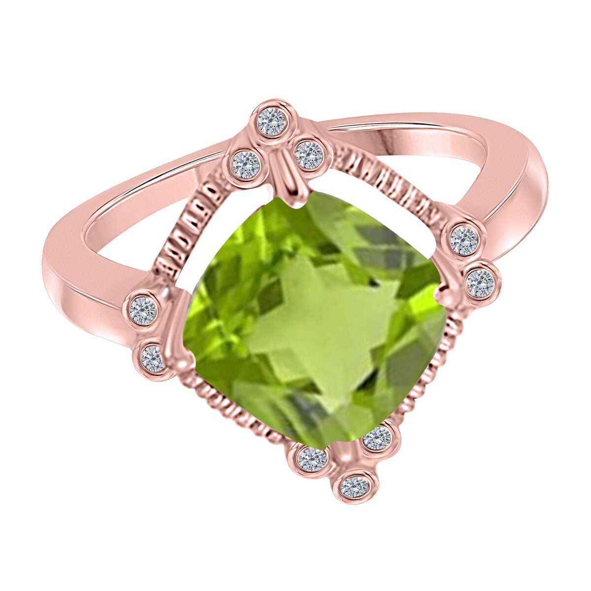 2.85 Carat Cushion Cut Peridot And White Diamond Gemstone Rings For Women In 10K Yellow Rose White Gold