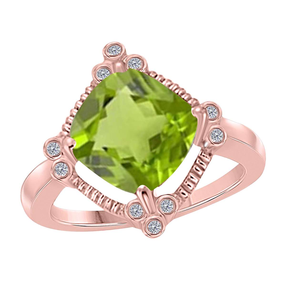 2.85 Carat Cushion Cut Peridot And White Diamond Gemstone Rings For Women In 10K Yellow Rose White Gold