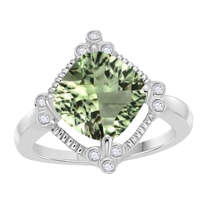 2.85 Carat Natural Diamond And Cushion Cut Green Amethyst Gemstone Ring For Women in 10K Rose White & Yellow Gold