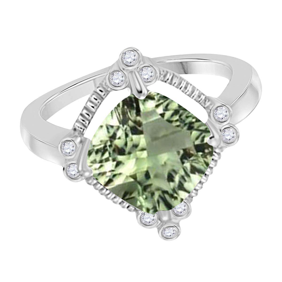 2.85 Carat Natural Diamond And Cushion Cut Green Amethyst Gemstone Ring For Women in 10K Rose White & Yellow Gold