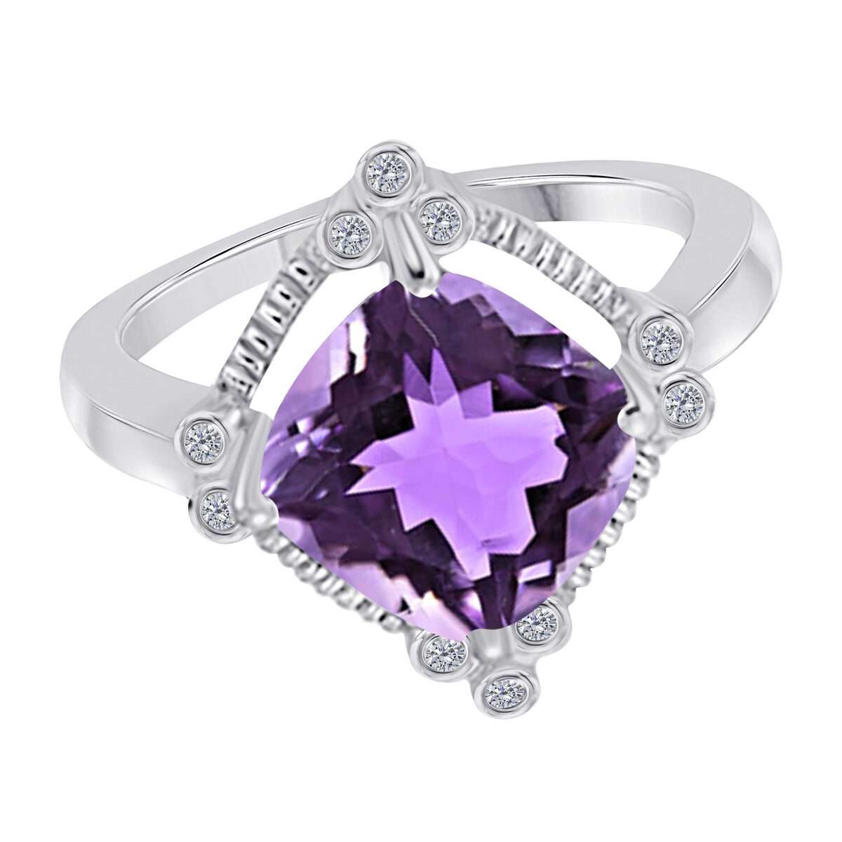 MAULIJEWELS 2.85 Carat Diamond and Cushion Cut Amethyst Gemstone Rings For Women In 10K Rose White & Yellow Gold