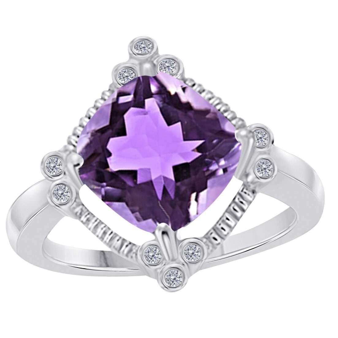 MAULIJEWELS 2.85 Carat Diamond and Cushion Cut Amethyst Gemstone Rings For Women In 10K Rose White & Yellow Gold