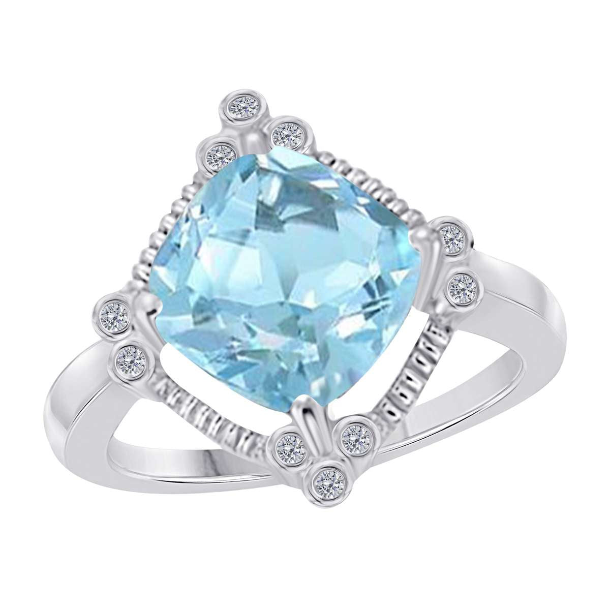 2.85 Carat Cushion Cut Aquamarine And Bezel Set White Diamond Gemstone Rings For Women in 10K Rose White & Yellow Gold