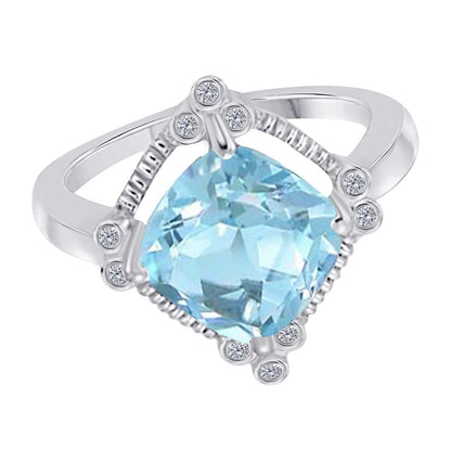 2.85 Carat Cushion Cut Aquamarine And Bezel Set White Diamond Gemstone Rings For Women in 10K Rose White & Yellow Gold