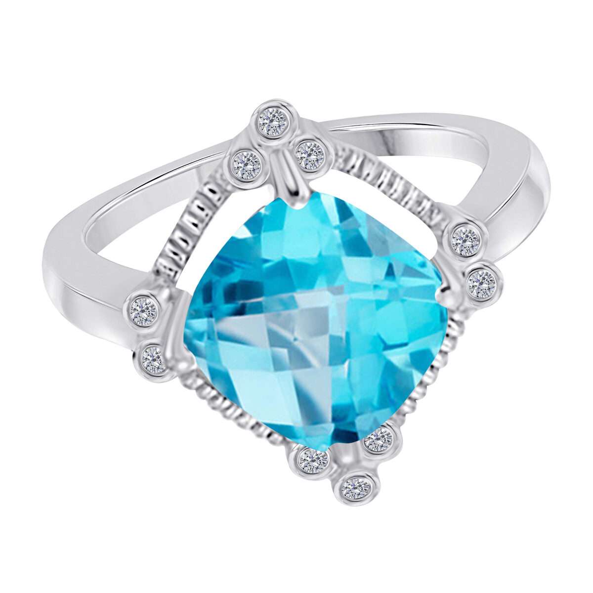 2.85 Carat Cushion Cut Blue-topaz and Bezel Set White Diamond Gemstone Rings For Women In 10K Rose White & Yellow Gold