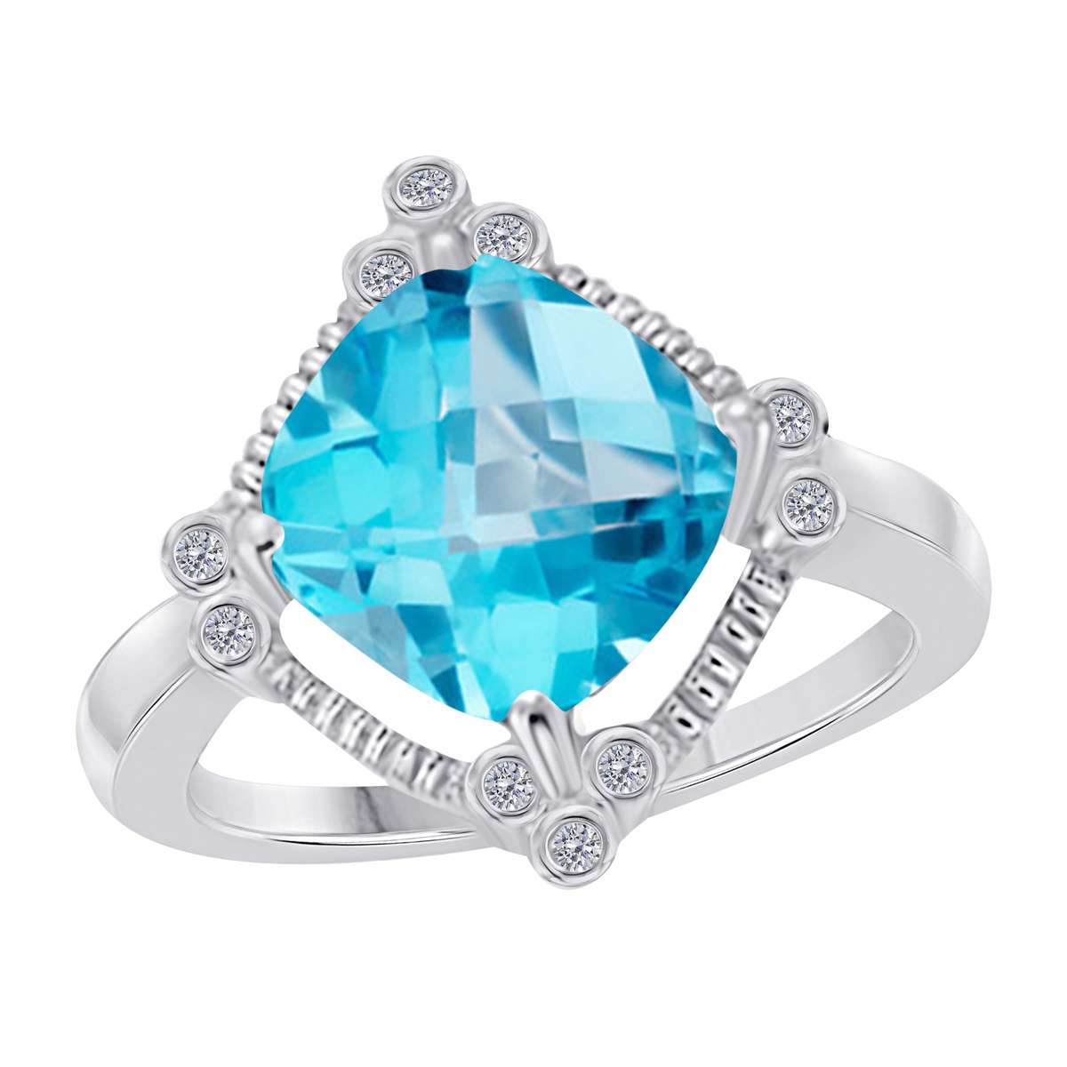 2.85 Carat Cushion Cut Blue-topaz and Bezel Set White Diamond Gemstone Rings For Women In 10K Rose White & Yellow Gold