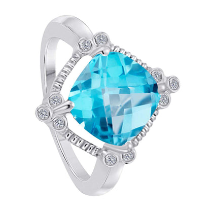 2.85 Carat Cushion Cut Blue-topaz and Bezel Set White Diamond Gemstone Rings For Women In 10K Rose White & Yellow Gold