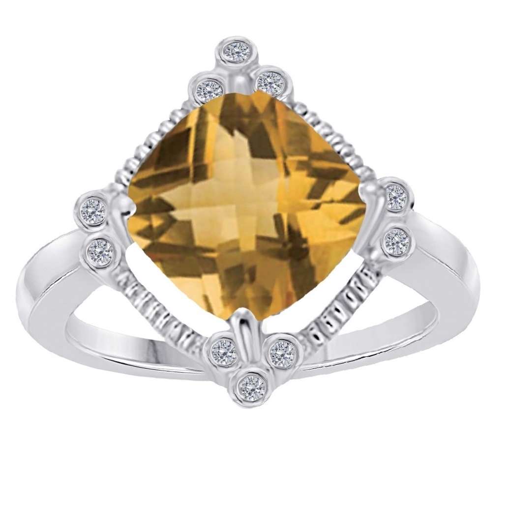 2.85 Carat Cushion Cut Citrine And White Diamond Gemstone Ring For Women In 10K Yellow / White & Rose Gold