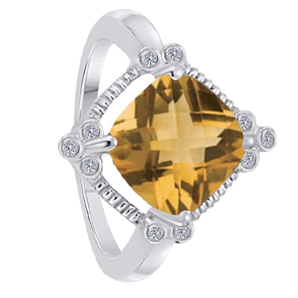 2.85 Carat Cushion Cut Citrine And White Diamond Gemstone Ring For Women In 10K Yellow / White & Rose Gold