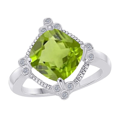 2.85 Carat Cushion Cut Peridot And White Diamond Gemstone Rings For Women In 10K Yellow Rose White Gold