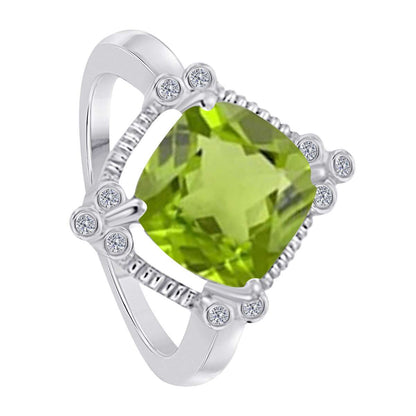 2.85 Carat Cushion Cut Peridot And White Diamond Gemstone Rings For Women In 10K Yellow Rose White Gold