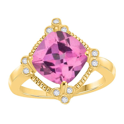 2.85 Carat Cushion Cut Pink-topaz And White Diamond Gemstone Rings For Women In 10K Rose White & Yellow Gold