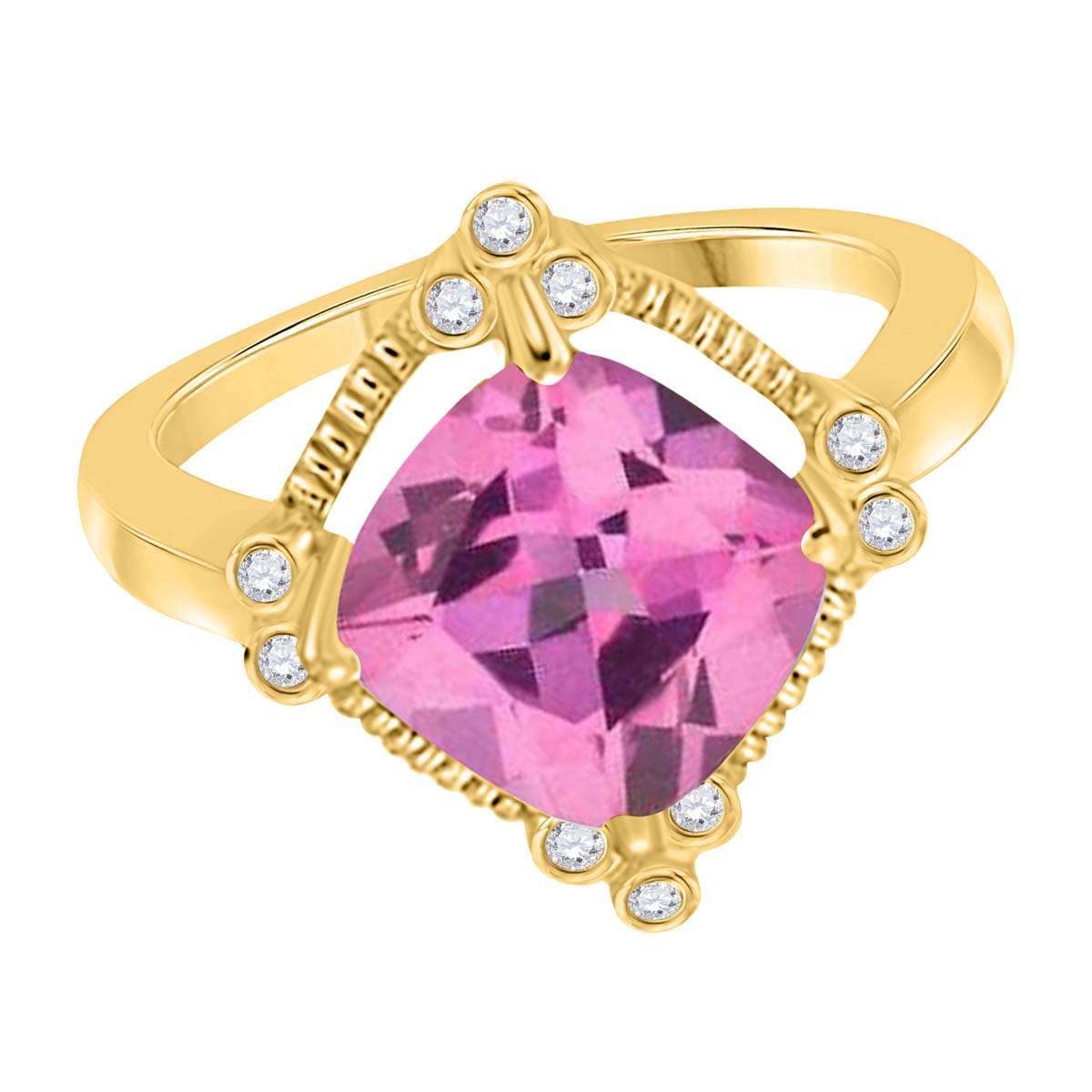 2.85 Carat Cushion Cut Pink-topaz And White Diamond Gemstone Rings For Women In 10K Rose White & Yellow Gold