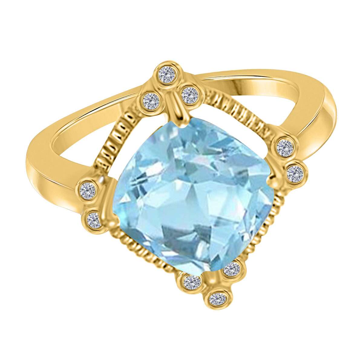 2.85 Carat Cushion Cut Aquamarine And Bezel Set White Diamond Gemstone Rings For Women in 10K Rose White & Yellow Gold