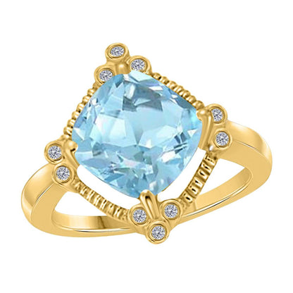 2.85 Carat Cushion Cut Aquamarine And Bezel Set White Diamond Gemstone Rings For Women in 10K Rose White & Yellow Gold