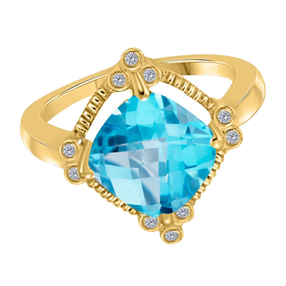 2.85 Carat Cushion Cut Blue-topaz and Bezel Set White Diamond Gemstone Rings For Women In 10K Rose White & Yellow Gold