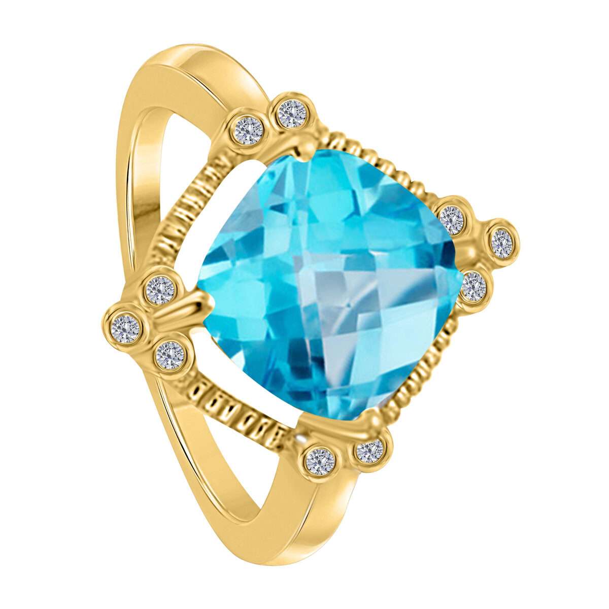 2.85 Carat Cushion Cut Blue-topaz and Bezel Set White Diamond Gemstone Rings For Women In 10K Rose White & Yellow Gold